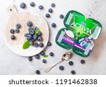 Small photo of LONDON, UK - SEPTEMBER 26, 2018: Activia yogurt with blueberries by Danone with berries