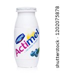 Small photo of LONDON, UK - OCTOBER 05, 2018: Bottle of Actimel probiotic yogurt type drink with blueberry flavour. Produced by the French company Danone