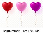 Vector heart shaped balloons set isolated on transparent background. Red, pink and purple glossy balloon with gold ribbon. Festive decoration element for Valentine