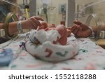 Small photo of Premature baby in NICU holding parents hands