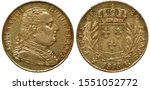 France French golden coin 20 twenty francs 1815, ruler King Louis XVIII, head right, crowned shield with lilies, sprigs flank, date below, 