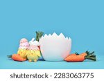 Newborn digital backdrop with white eggshell with Easter chicks and carrots in background