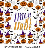 hand drawn halloween set. trick ... | Shutterstock .eps vector #713223655