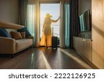 Small photo of Businesswoman in dress standing with luggage in hotel room, looking magnificent view from hotel terrace to the sea and the horizon. Woman admires the view after the long-awaited arrival on vacation.