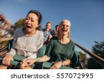 Shot of young friends cheering and riding roller coaster at amusement park. Young people having fun on rollercoaster.