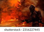 Small photo of Firemen fighting a raging fire with flames. Forest fire.