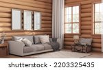 Wooden farmhouse log cabin in white and beige tones. Fabric sofa, carpet and windows. Frame mockup, rustic interior design, 3d illustration