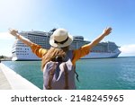 Young explorer backpacker girl dreaming to travel with cruise liner