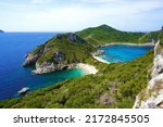 Small photo of Porto Timoni beach in Corfu, a paradise place with double beach and crystalline water in Corfu Island, Greece, Europe