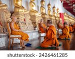 Small photo of BANGKOK, THAILAND – FEBRUARY 14: Monks take the exam by uttering their words to become the teacher who will be the one to ordain monks on February 14, 2024 in Bangkok, Thailand.