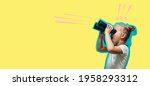 Small photo of A little charismatic girl looks into binoculars. Collage in magazine style. Flyer with trendy colors, copyspace for ad. Discount, sale, season sales. Modern design, creative artwork