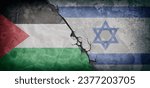 Small photo of Concept of armed conflict between palestinians and israelis with dirty and deteriorated cement wall with flags painted and break in the center dividing both paintings.