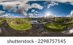 Small photo of aerial full seamless spherical hdri 360 panorama view over dam lock sluice on lake impetuous waterfall with beautiful clouds in equirectangular projection, VR content