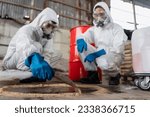 Small photo of A team of two chemists, wearing PPE suits and gas masks, recover a deadly chemical spill on the factory warehouse floor. Correct disposal of chemical spills in industrial plants.