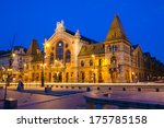 Great market hall of Budapest Hungary in evening lights 