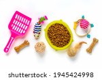 Small photo of Dry food in bowl, spatula, nail scissors, collar, balls, bones isolated on white background Top view Flat lay Toys, accessories and food for your beloved pet concept