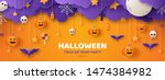 Happy Halloween banner or party invitation background with clouds,bats and pumpkins in paper cut style. Vector illustration. Full moon in the sky, spiders web and stars. Place for text