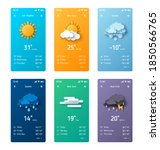 Weather forecast app widget set. Vector illustration. Daily application template with paper cut climate icons. Thunderstorm, rain, sunny day, fog and winter snow.