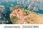 Small photo of Meteora, Kalabaka, Greece. Monastery of the Transfiguration of the Saviour. Meteora - rocks, up to 600 meters high. There are 6 active Greek Orthodox monasteries listed on UNESCO list, Aerial View