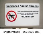 Unmanned aircraft, drones. Launching, Landing, or Operating unmanned or remote controlled aircraft, drones prohibited - text on plate in public place.