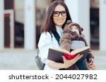 Small photo of Happy Student Mom Holding a Book and Baby in Sling. Mother continuing her education going to school with baby in carrier