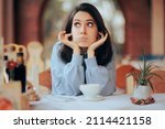 Small photo of Annoyed Woman Covering Her Ears in Noisy Restaurant. Unhappy cafeteria customer complaining about the environmental noise