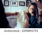 Small photo of Crying Wife Showing her Partner the Proof of Infidelity Unhappy woman feeling cheated and heartbroken