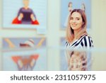 Small photo of Woman Attending a Cultural Event Visiting Art Show. Art gallery curator welcoming visitors in a showroom