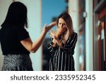 Small photo of Woman Crying Fighting with Her Best Friend Outdoors. Unhappy emotional girl disagreeing with her sister