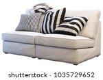 White sofa Ikea Kivik with pillows and plaids. Cozy sofa on white background. Scandinavian style. Realistic 3d render. Interior visualisation