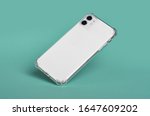 White iPhone 11 in clear silicone case falls down. Smart phone case mock up back view isolated on green background iPhone 12