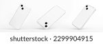 Small photo of set of three white iPhones 14 in transparent clear soft silicone case falling down in different angles, back view isolated on grey background, phone case mockup