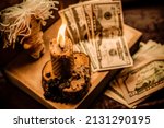 Ritual and spell for attracting money, pagan magic and fate prediction, work of witch, occultism concept
