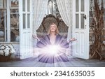 Small photo of Light inside, regression, past lives and energy therapy, concept of esoteric and bioenergy. Woman in lotus pose