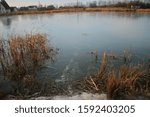 Small photo of The first smooth clean ice on the lake. It is dangerous to walk on thin ice. The lake was covered with thin transparent ice.
