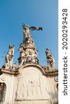 Small photo of Baroque rococo monument erected by the Catholic Society of St. John (Jan) Nepomuk in 1756. At the top of the monument is the statue of St. Mary.