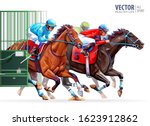 Three racing horses competing with each other. Start gates for horse races the traditional prize Derby. Hippodrome. Racetrack. Sport. Vector illustration