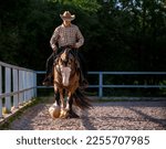 Small photo of RUSSIA, Encolovo village - June 10-13, 2022: Western cowboy portrait. Magnificent Tinker horse. Thoroughbred Skewbald harness gypsy horse. "23 International Equestrian Exhibition. Hipposphere"
