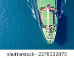 Small photo of Forecastle of bulk cargo vessel cruising in sea, Aerial top dow shot