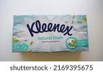 Small photo of Kongsvinger, Norway 19 june 2022: Kleenex Natural Fresh with Eucalyptus and Menthol Brand Tissues package isolated product for the thoughest cold breathing problems or allergy season