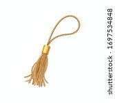 Tassel isolated on white background. Vector fringe or handbag accessory. Gold 3d rope with tassel, hanging window curtain decoration element design
