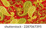 Small photo of Paisley green pattern on a red background. decorated the bandanas of cowboys and bikers popularized by The Beatles, ushered in the era of hippies and became the emblem of rock and roll.