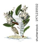 white peacocks and peonies.... | Shutterstock .eps vector #1971235532