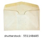 Isolated yellowed letter envelope showing open flap on back. Horizontal.