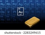 Small photo of Cast gold bar, and periodic table with highlighted chemical element gold, with Latin name aurum, symbol Au, and atomic number 79. A 250 gram bullion bar, 8 troy ounces of the refined chemical element.