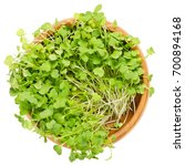 Small photo of Rocket salad sprouts in wooden bowl. Leaves and cotyledons of Eruca sativa, also arugula, rucola or rugula. Salad vegetable and microgreen. Isolated macro food photo close up from above over white.