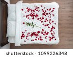 The bed with a rose petals. view from above