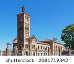 Small photo of The clock tower of Toledo train station in Toledo city, Spain, which is Neo-Mudejar style.