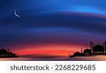 Ramadan card with Mosques dome,Crescent moon on blue sky background,Vertical banner Ramadan Night with twilight dusk sky for Islamic religion,Eid al Adha,Eid Mubarak,Eid al fitr,Ramadan Kareem