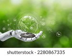 Small photo of Sustainable development goal (SDGs) concept. Robot hand holding small plants with Environment icon. Green technology and Environmental technology.Artificial Intelligence and Technology ecology.esg